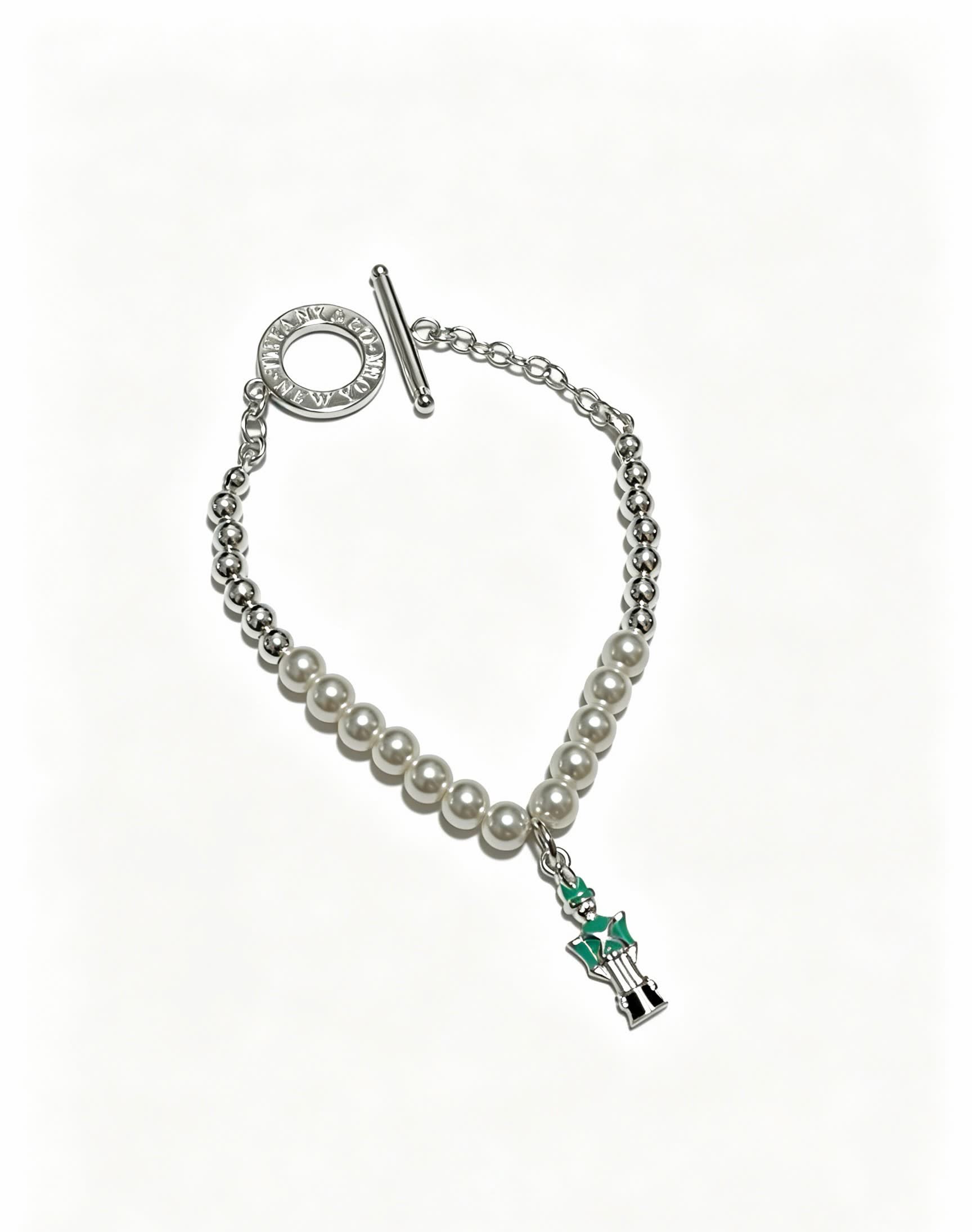 Tiffany & Co. Pearl and Bead Bracelet with Green Enamel Charm